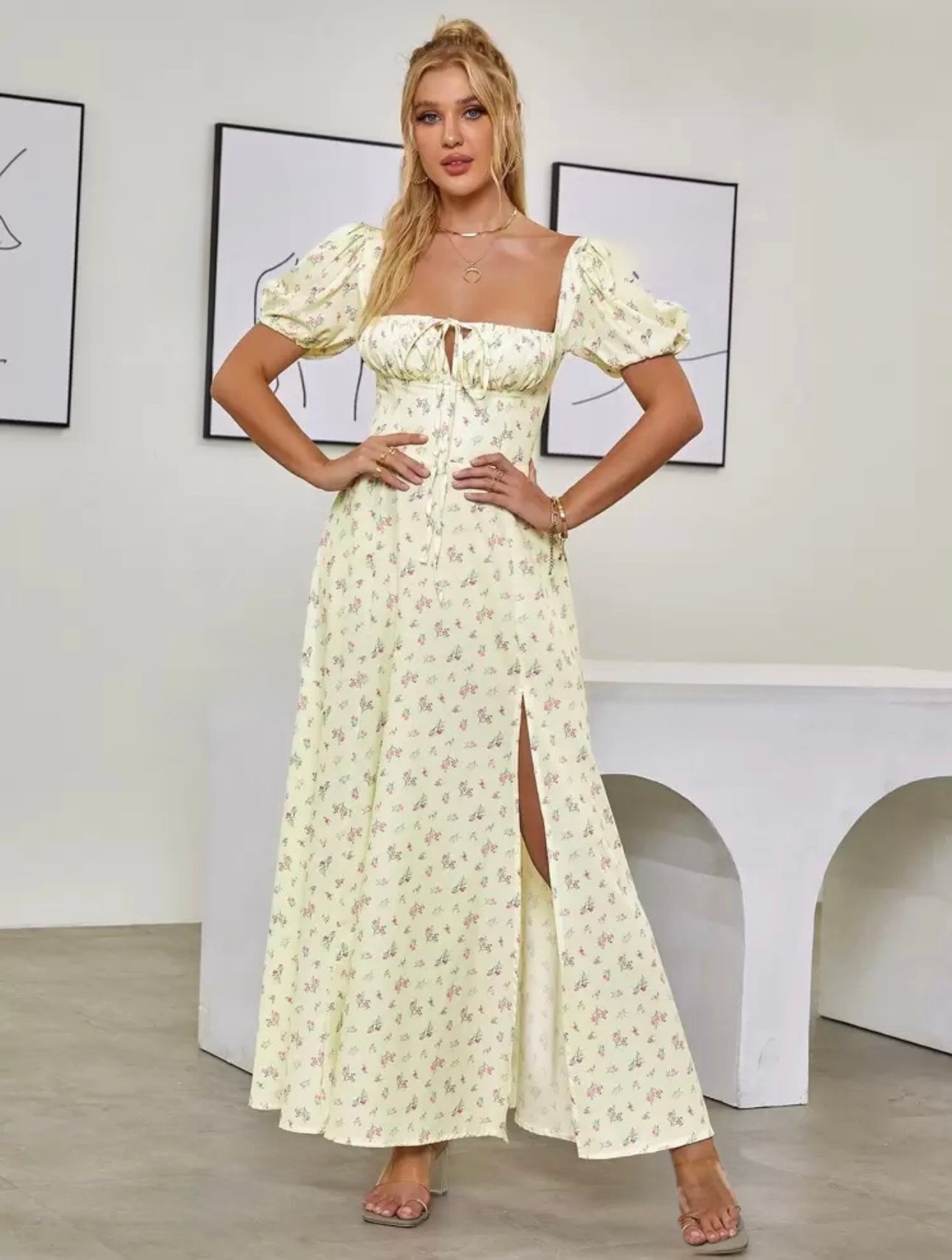 Vestido floral manga farol