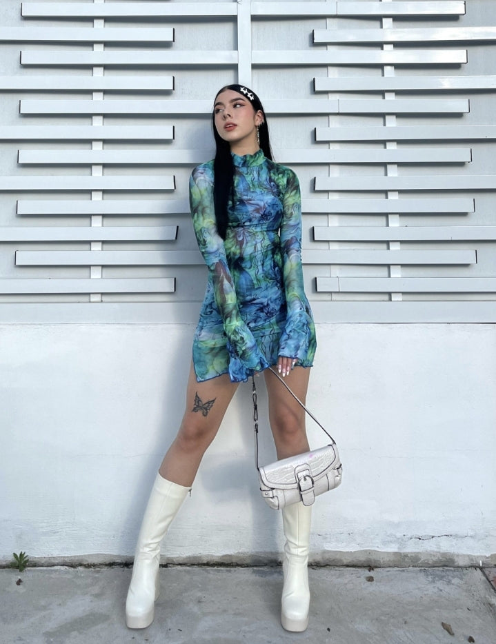 Vestido ajustado en malla con estampado