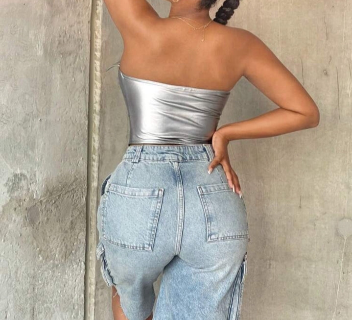 Crop Top con cremallera plateado