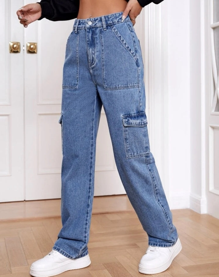Jean cargo bota recta, 6 bolsillos