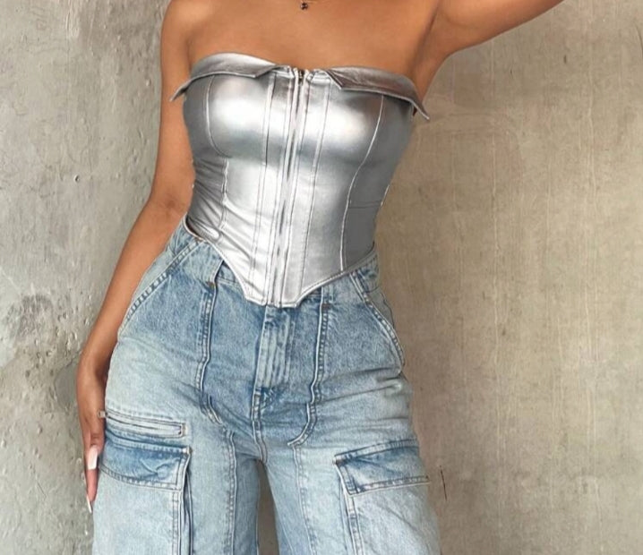 Crop Top con cremallera plateado