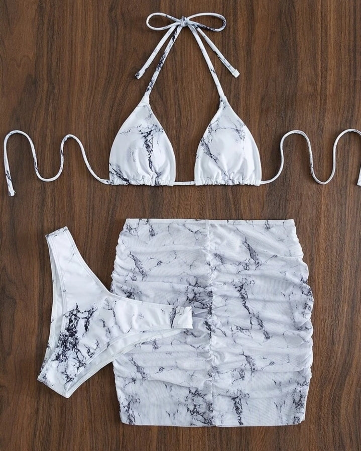 Bikini blanco, Set 3 piezas / estampado de mármol