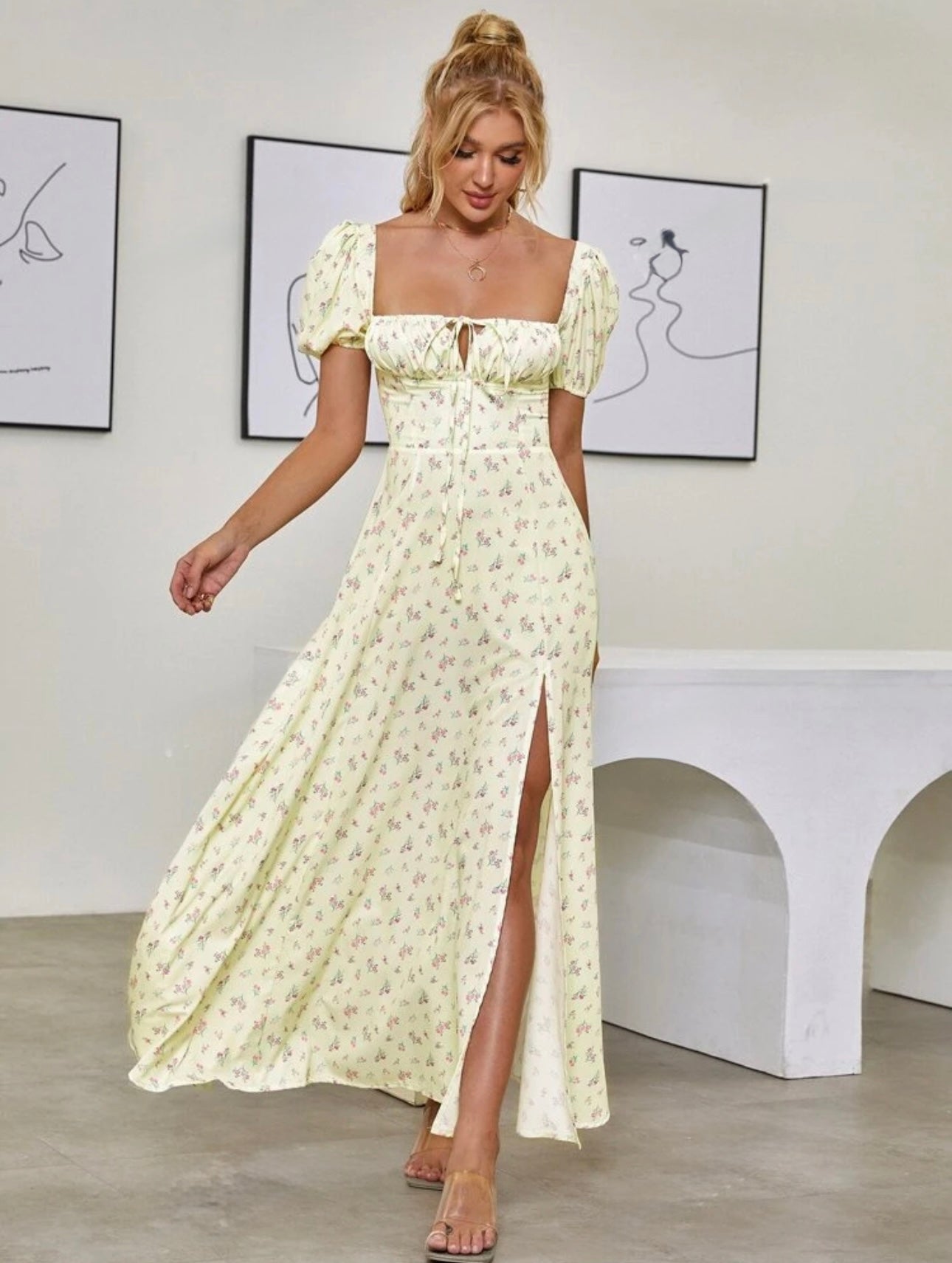 Vestido floral manga farol