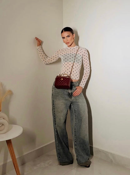Top en mesh, polka dols
