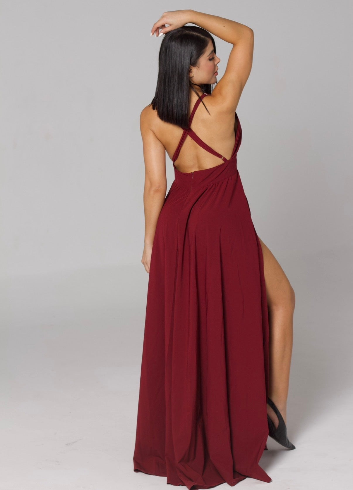 Vestido sienna vinotinto / dos aberturas, escote cruzado