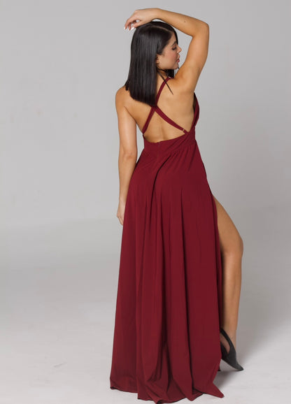 Vestido sienna vinotinto / dos aberturas, escote cruzado