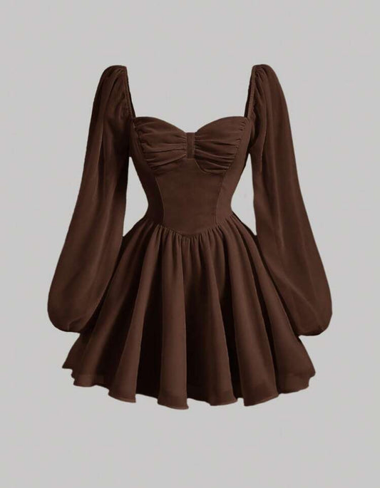Vestido marrón escote corazón manga farol
