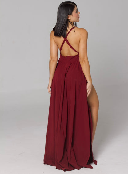 Vestido sienna vinotinto / dos aberturas, escote cruzado