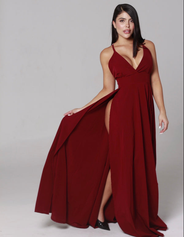 Vestido sienna vinotinto / dos aberturas, escote cruzado