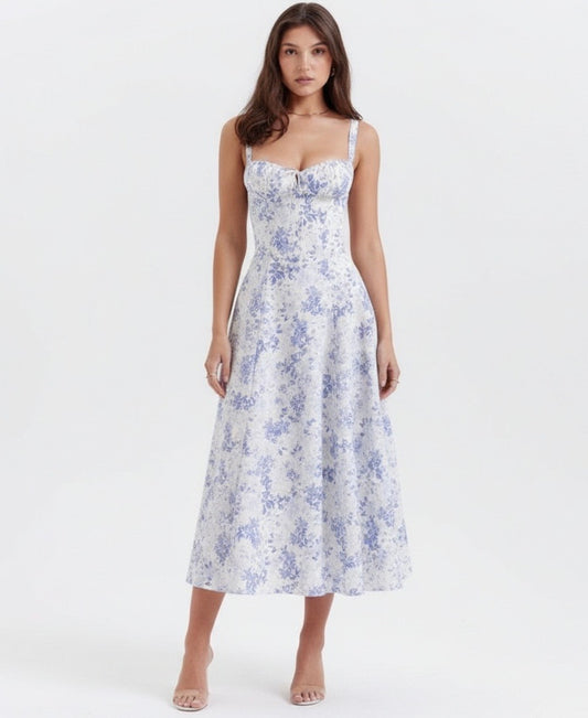 Vestido floral tipo corset / blanco con azul