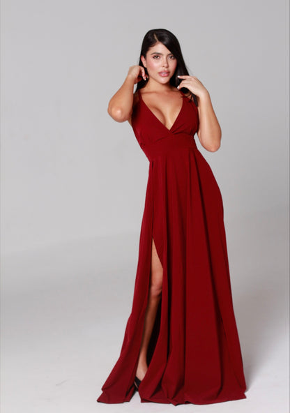 Vestido sienna vinotinto / dos aberturas, escote cruzado