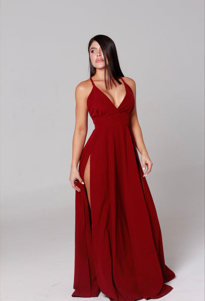 Vestido sienna vinotinto / dos aberturas, escote cruzado