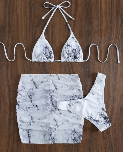 Bikini blanco, Set 3 piezas / estampado de mármol
