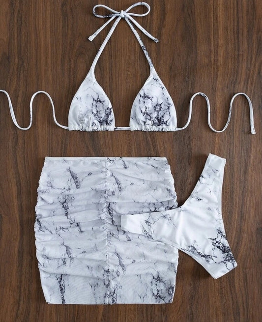 Bikini blanco, Set 3 piezas / estampado de mármol