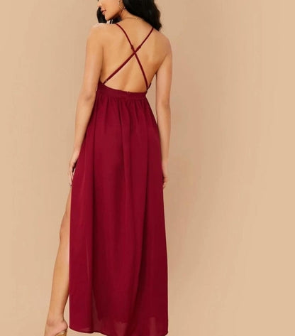 Vestido vinotinto / dos aberturas, escote cruzado