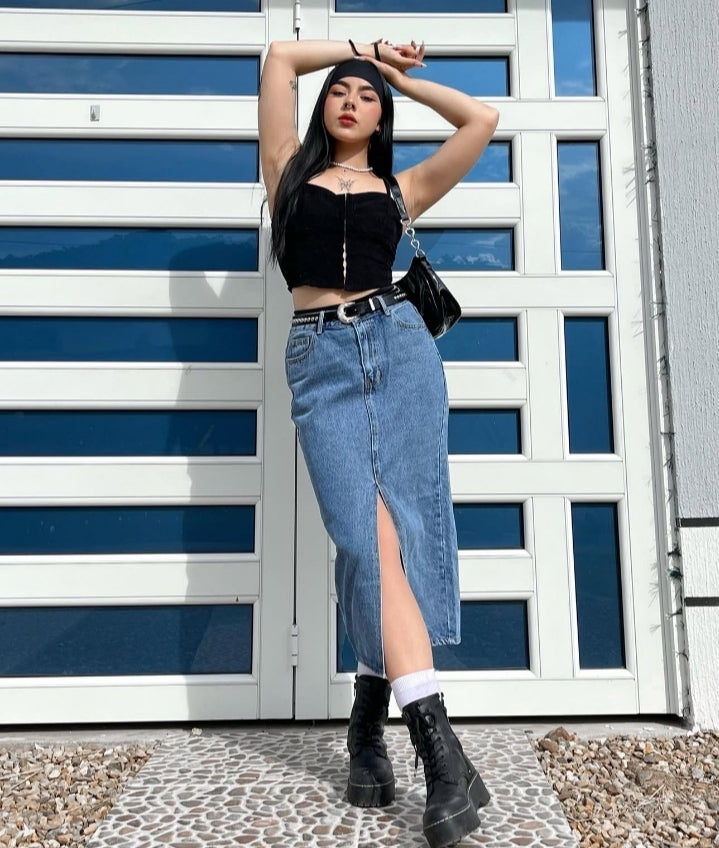 Falda en denim larga