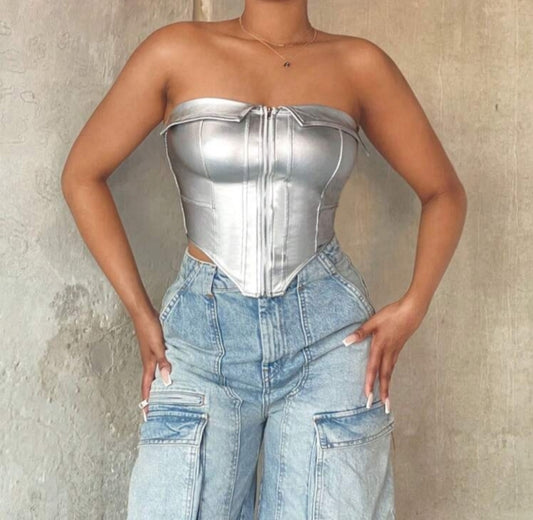 Crop Top con cremallera plateado