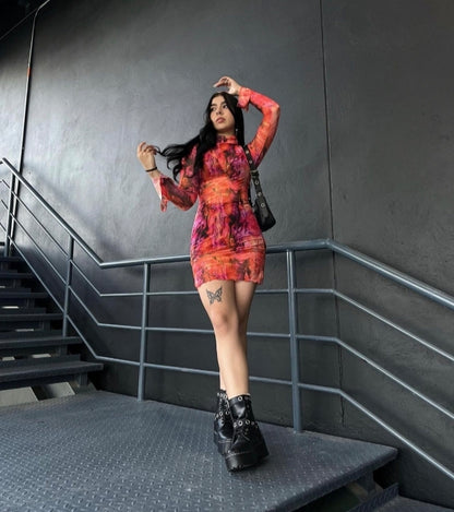 Vestido ajustado en malla con estampado