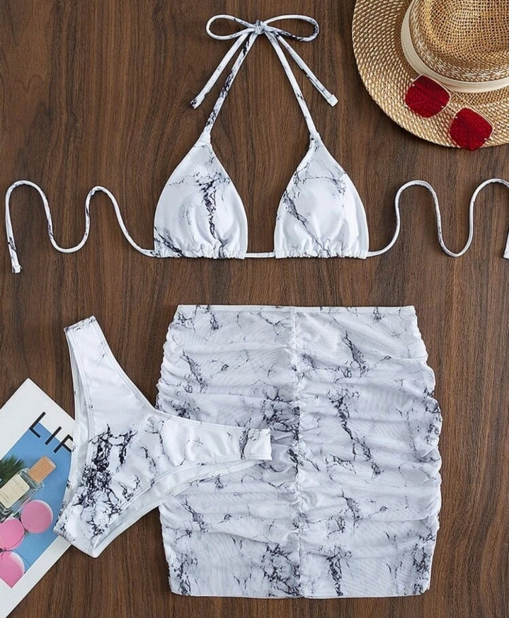 Bikini blanco, Set 3 piezas / estampado de mármol