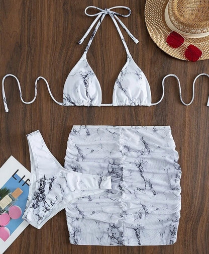 Bikini blanco, Set 3 piezas / estampado de mármol