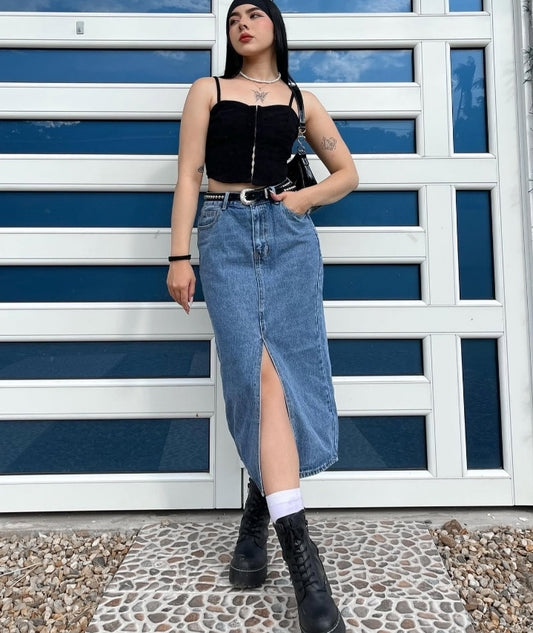 Falda en denim larga