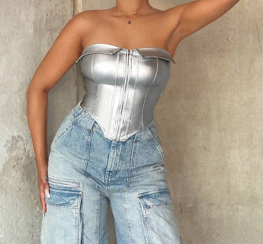 Crop Top con cremallera plateado